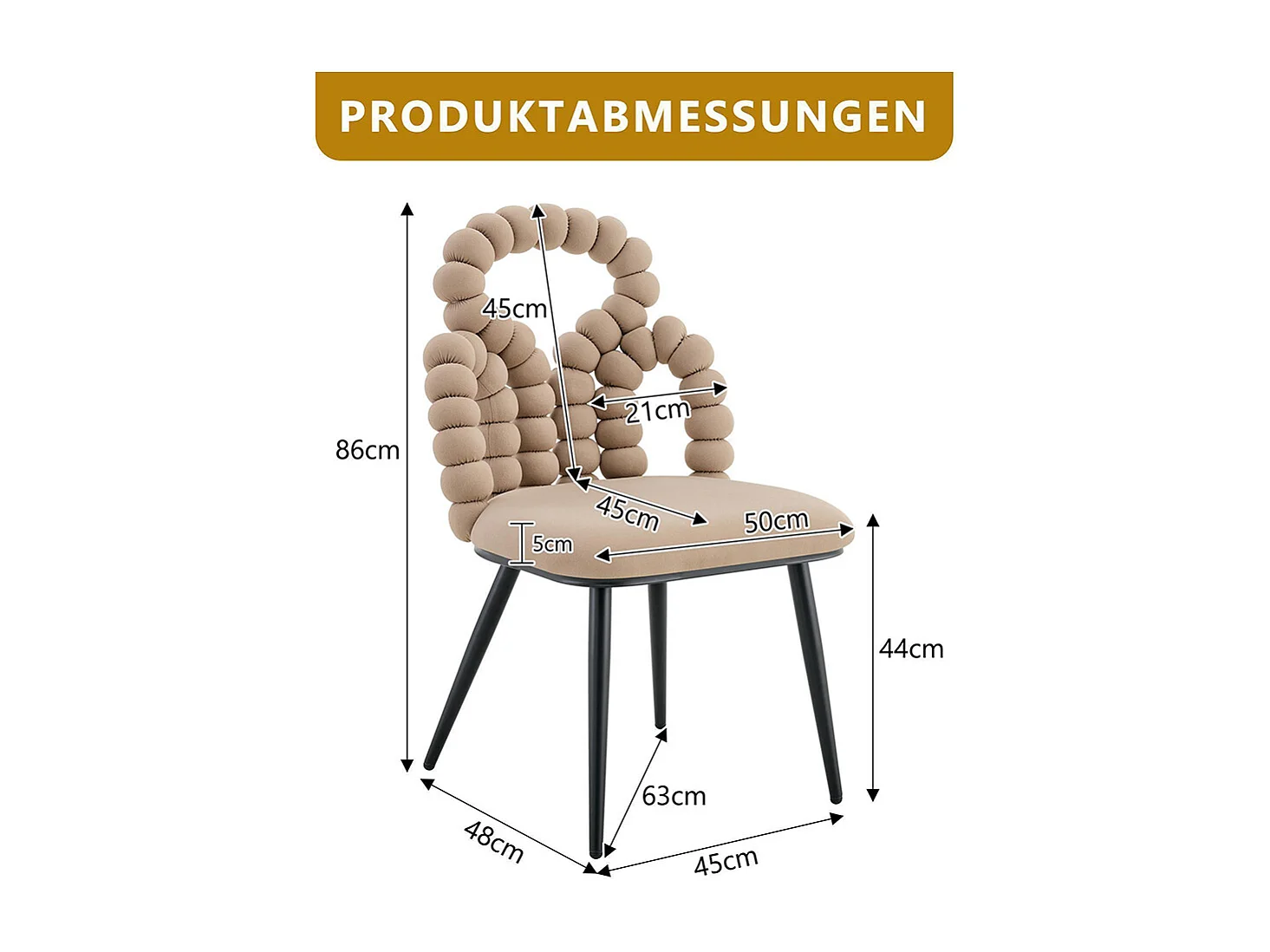 Fluwelen eetkamerstoelen (set van 2) met bolvormige rugleuning en kettingen, stevige poten van zwart metaal, camelkleurig