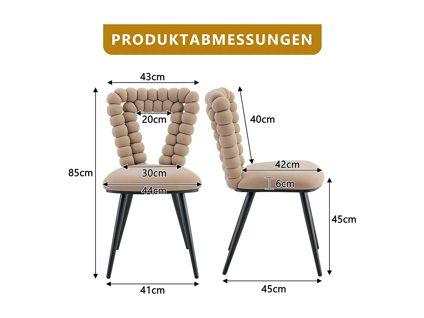 Fluwelen eetkamerstoelen (set van 2) - rugleuning met driehoekige uitsparing, zwarte metalen poten, camel