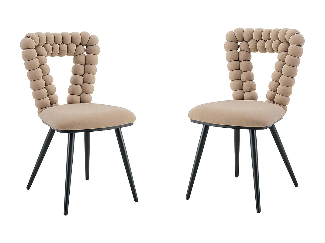 Fluwelen eetkamerstoelen (set van 2) - rugleuning met driehoekige uitsparing, zwarte metalen poten, camel