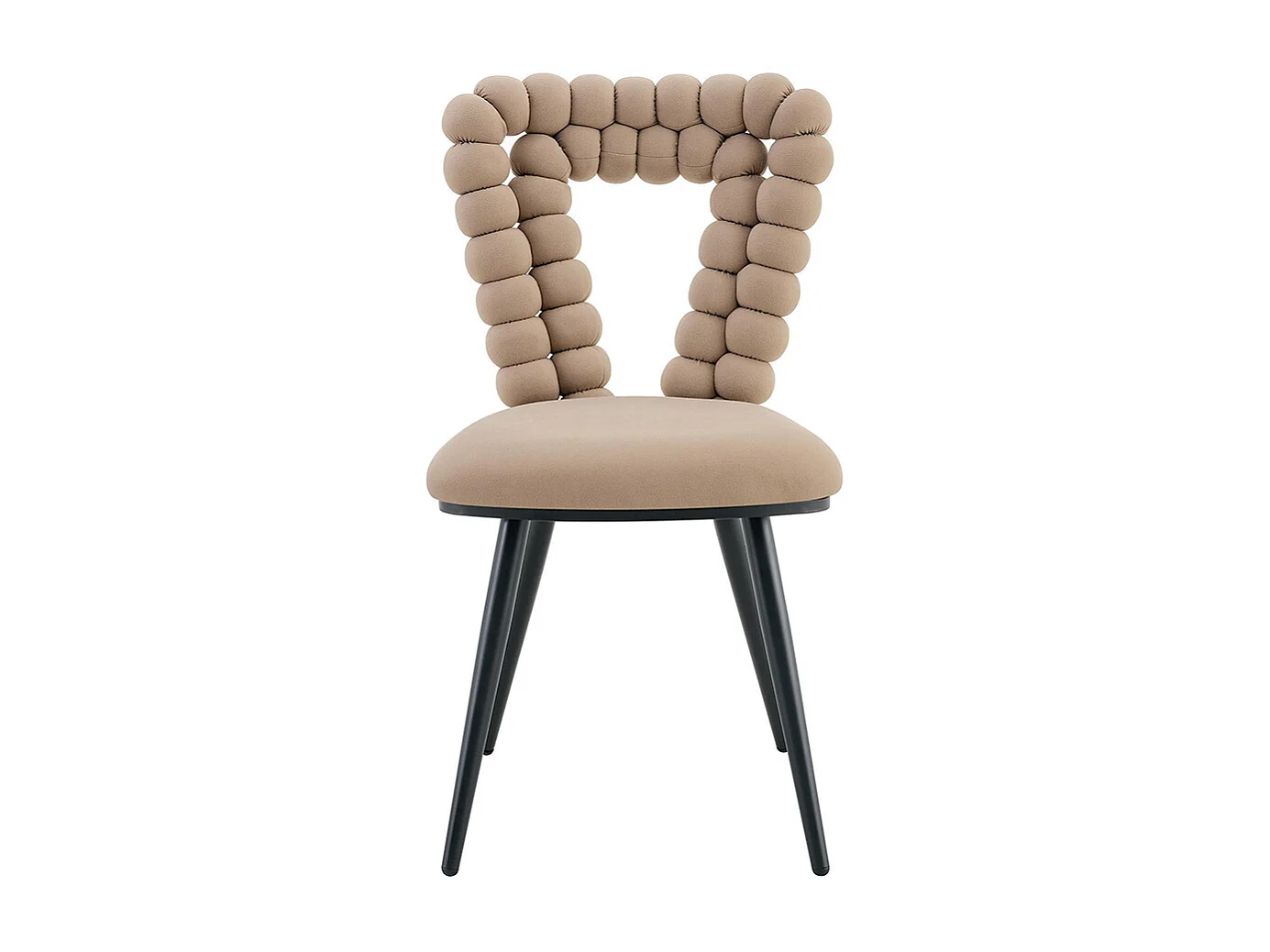 Fluwelen eetkamerstoelen (set van 2) - rugleuning met driehoekige uitsparing, zwarte metalen poten, camel