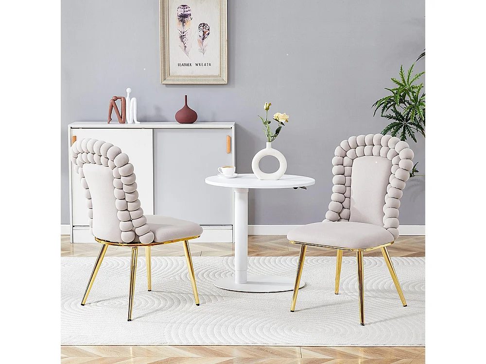 Chaises de salle à manger en velours (ensemble de 2), dossier en forme de boule, pieds en métal doré, gris clair
