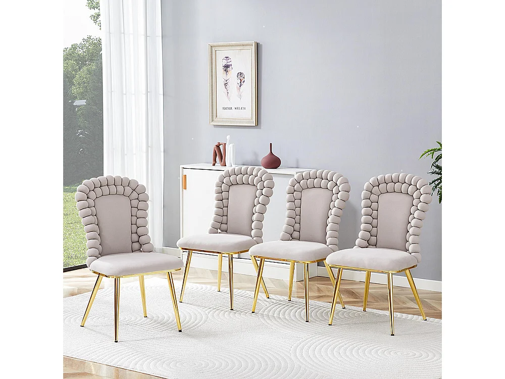 Chaises de salle à manger en velours (ensemble de 2), dossier en forme de boule, pieds en métal doré, gris clair