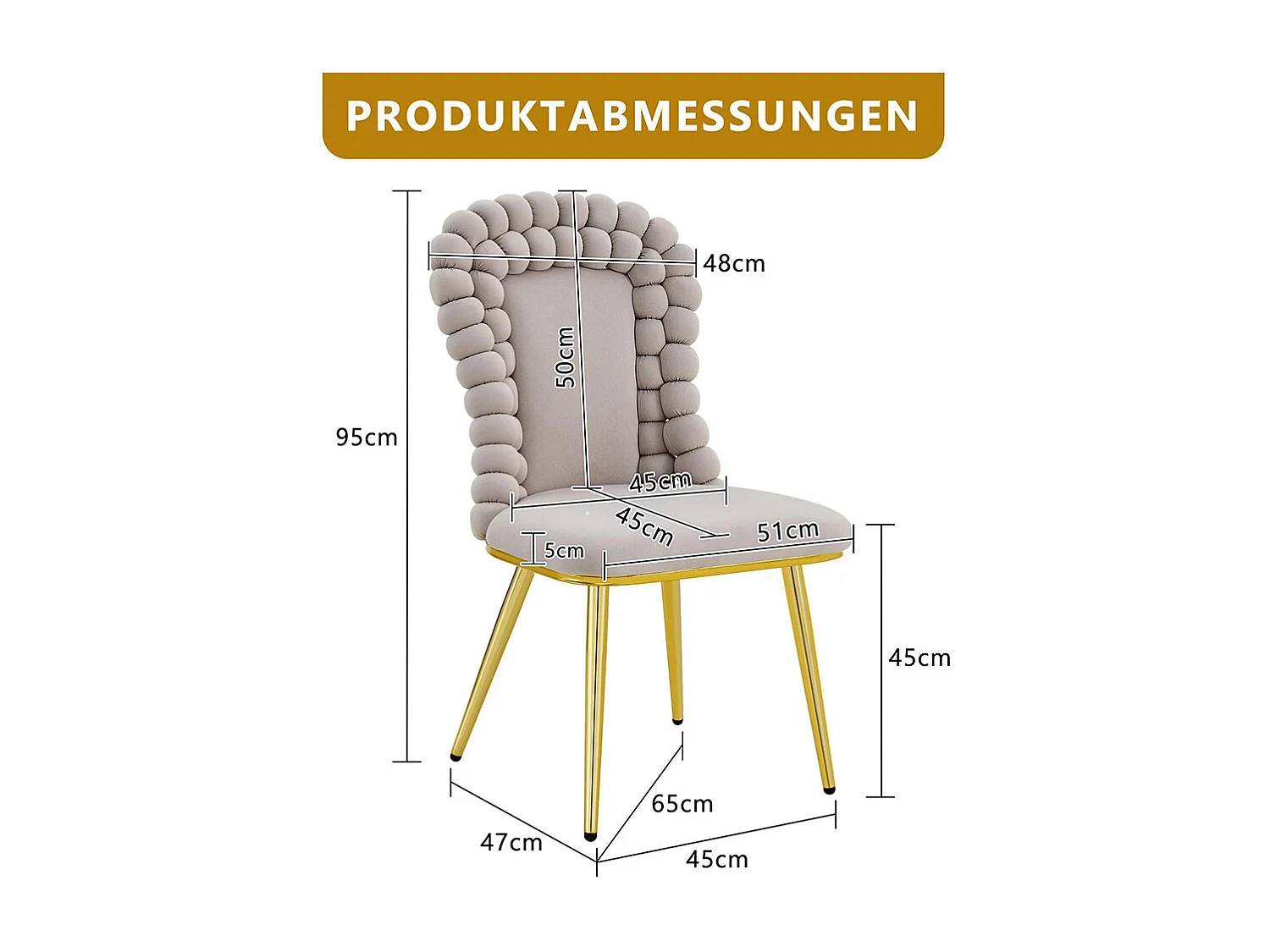 Chaises de salle à manger en velours (ensemble de 2), dossier en forme de boule, pieds en métal doré, gris clair
