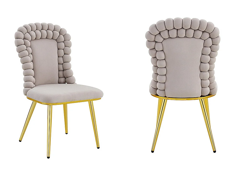 Chaises de salle à manger en velours (ensemble de 2), dossier en forme de boule, pieds en métal doré, gris clair