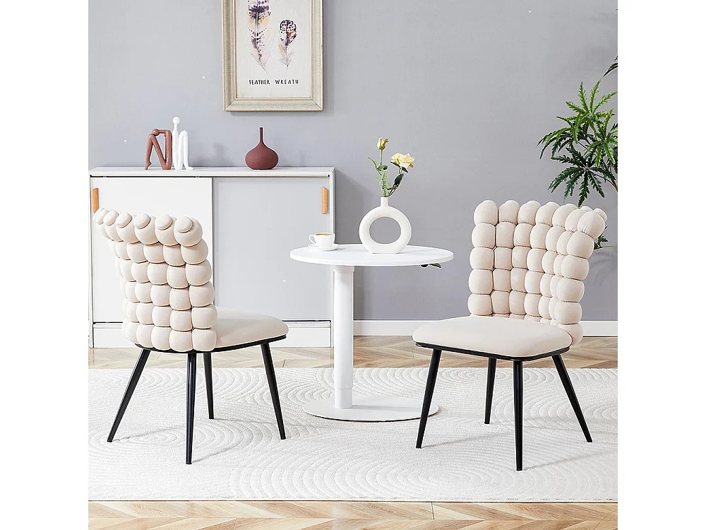 Chaises de salle à manger à boules en velours (ensemble de 2) - pieds en métal peint noir + support stable, blanc crème