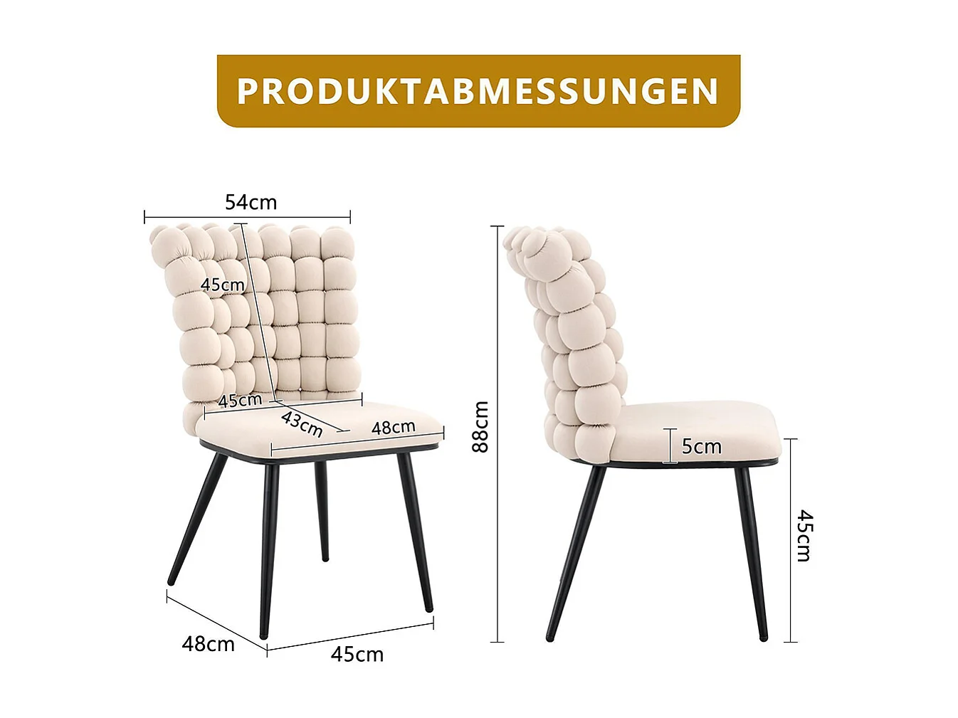 Chaises de salle à manger à boules en velours (ensemble de 2) - pieds en métal peint noir + support stable, blanc crème