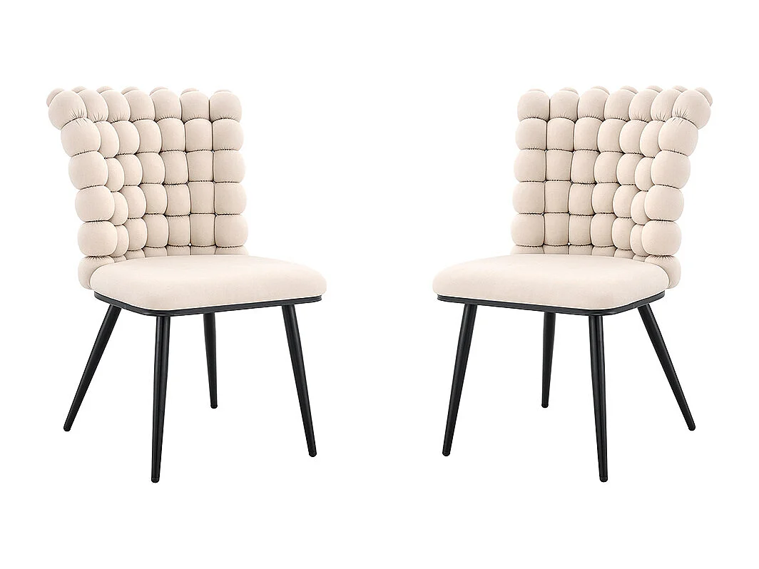 Chaises de salle à manger à boules en velours (ensemble de 2) - pieds en métal peint noir + support stable, blanc crème