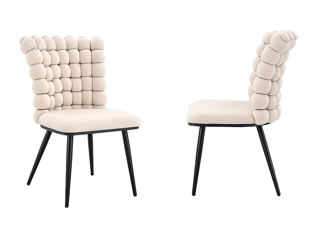 Chaises de salle à manger à boules en velours (ensemble de 2) - pieds en métal peint noir + support stable, blanc crème