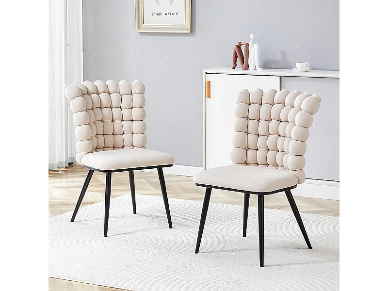 Chaises de salle à manger à boules en velours (ensemble de 2) - pieds en métal peint noir + support stable, blanc crème