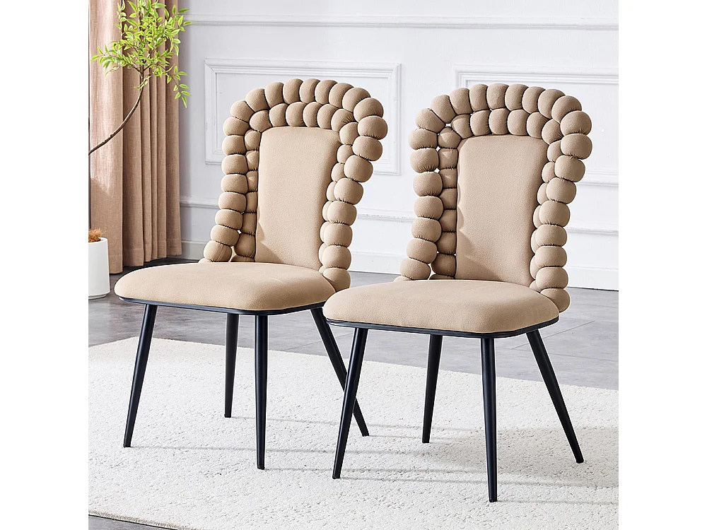 Eetkamerstoelen met fluwelen bekleding (set van 2), rugleuning in bolvorm, zwart metalen poten, camelkleurig