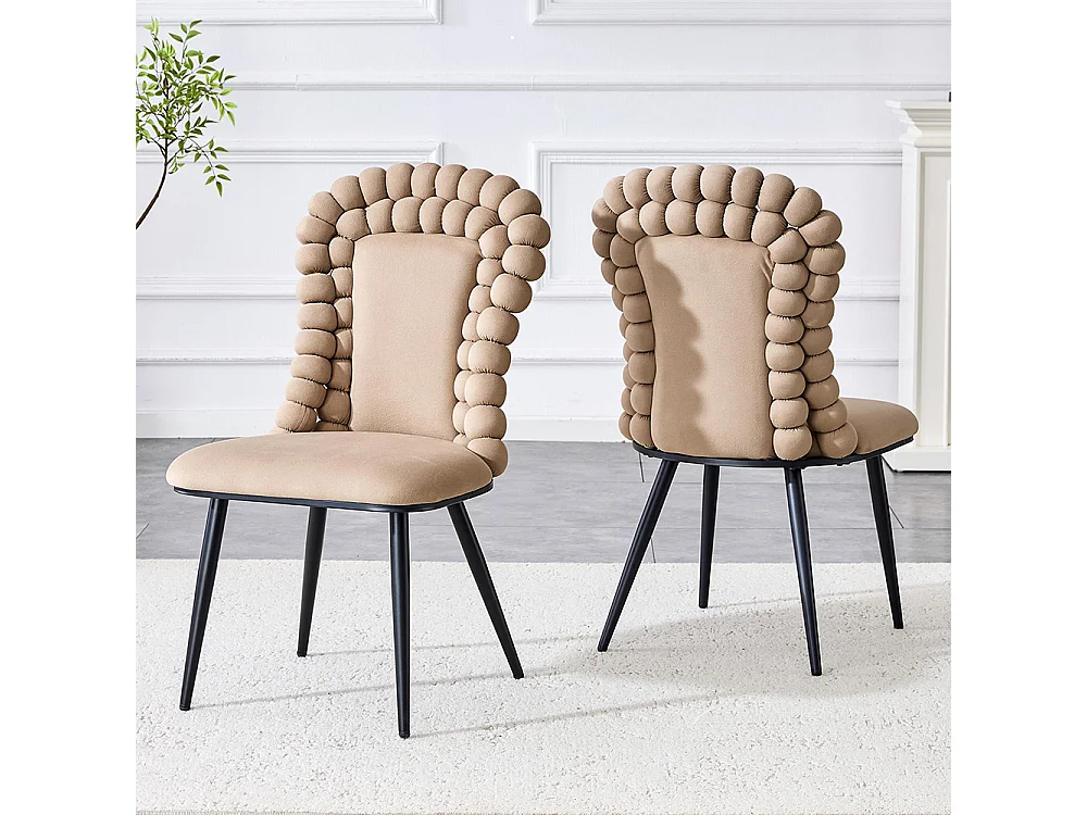 Eetkamerstoelen met fluwelen bekleding (set van 2), rugleuning in bolvorm, zwart metalen poten, camelkleurig