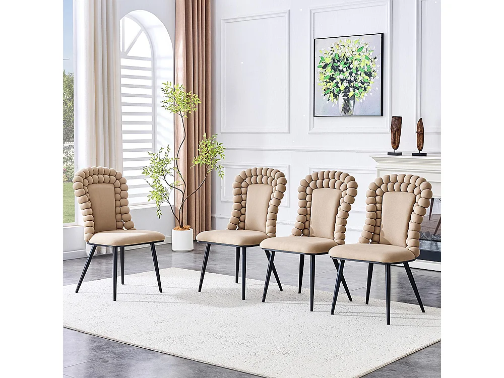 Eetkamerstoelen met fluwelen bekleding (set van 2), rugleuning in bolvorm, zwart metalen poten, camelkleurig