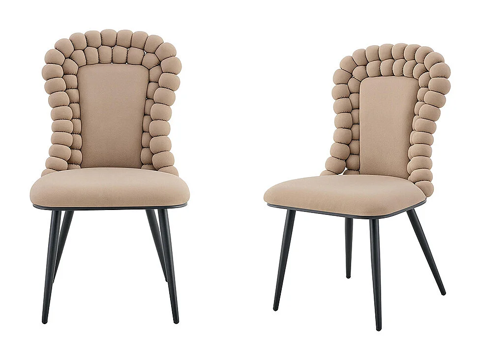 Eetkamerstoelen met fluwelen bekleding (set van 2), rugleuning in bolvorm, zwart metalen poten, camelkleurig