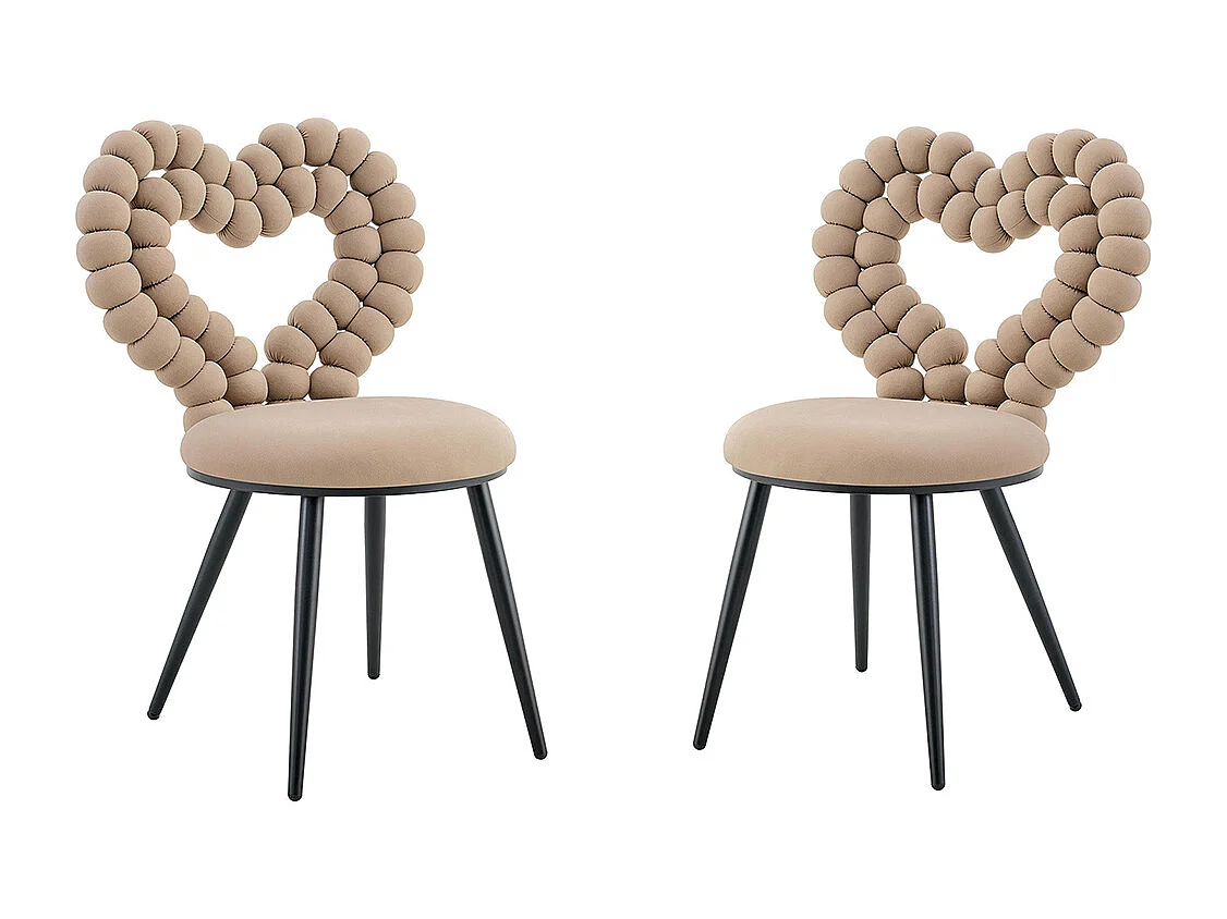 Fluwelen eetkamerstoelen (set van 2), rugleuning met driehoekige uitsparing, poten van zwart geverfd metaal, camelkleurig