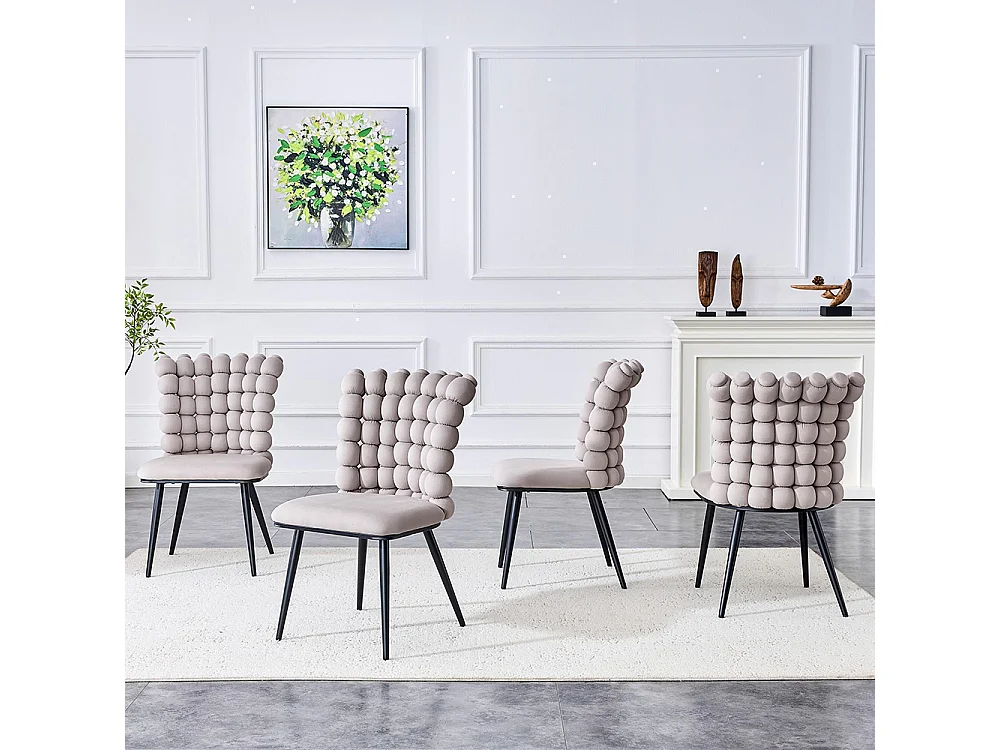 Chaises de salle à manger à boules en velours (ensemble de 2) - pieds en métal peint noir + support stable, gris clair