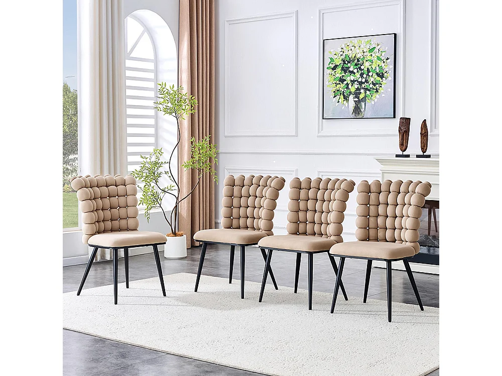 Chaises de salle à manger à boules en velours (ensemble de 2) - pieds en métal peint noir + support stable, couleur camel