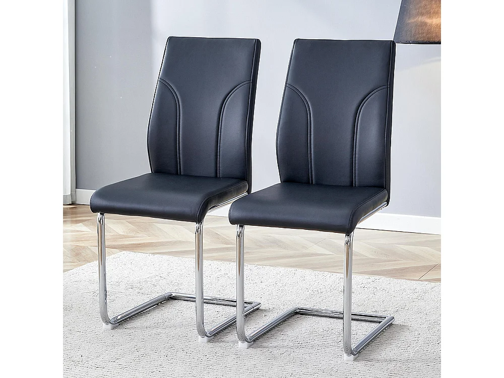 Chaises de salle à manger en PU, set de 2, pieds en métal argenté, noir
