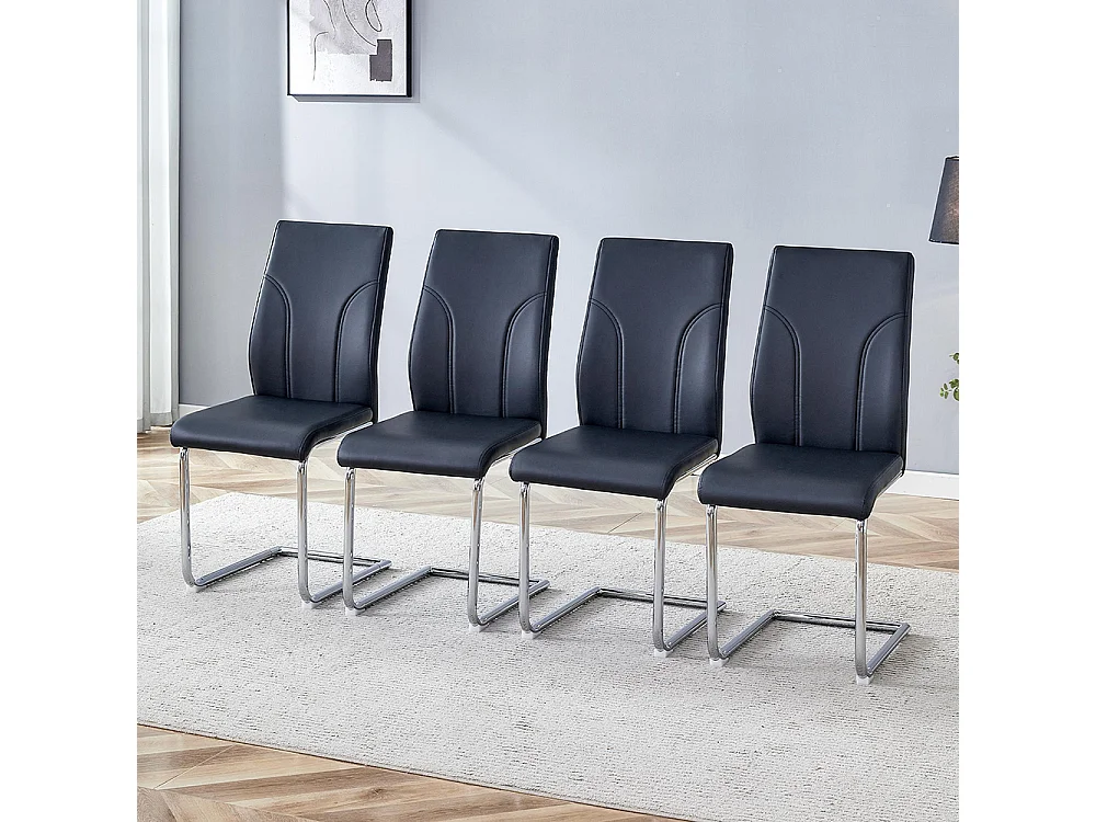 Chaises de salle à manger en PU, set de 2, pieds en métal argenté, noir