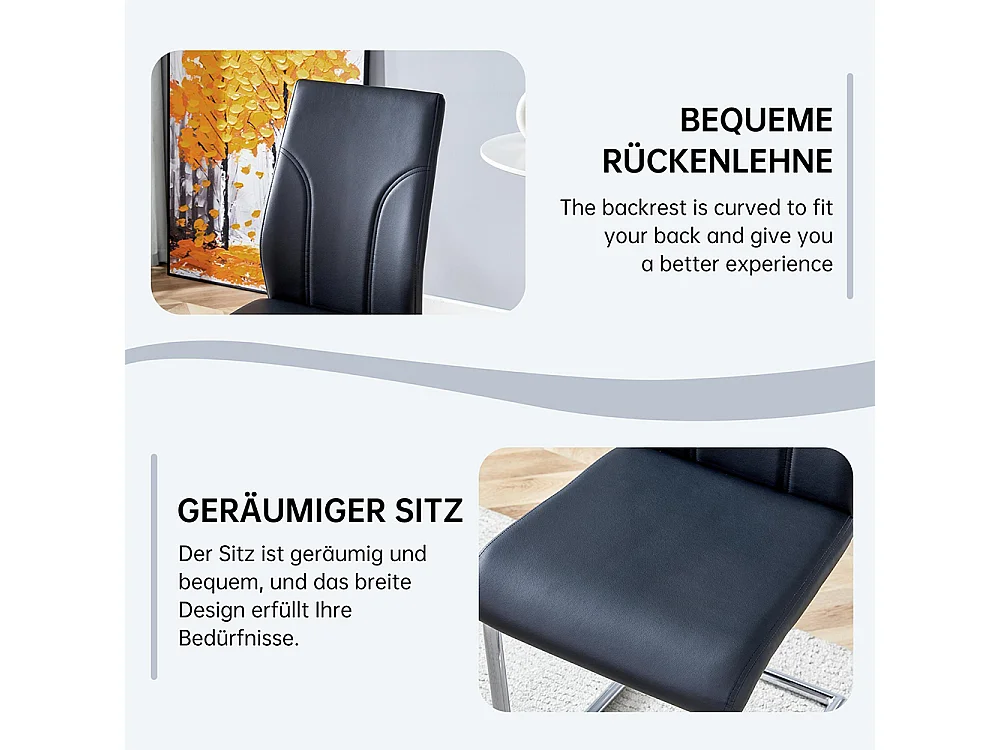 Chaises de salle à manger en PU, set de 2, pieds en métal argenté, noir