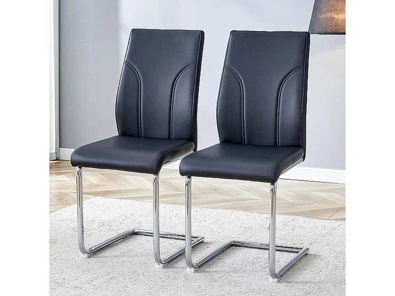 Chaises de salle à manger en PU, set de 2, pieds en métal argenté, noir