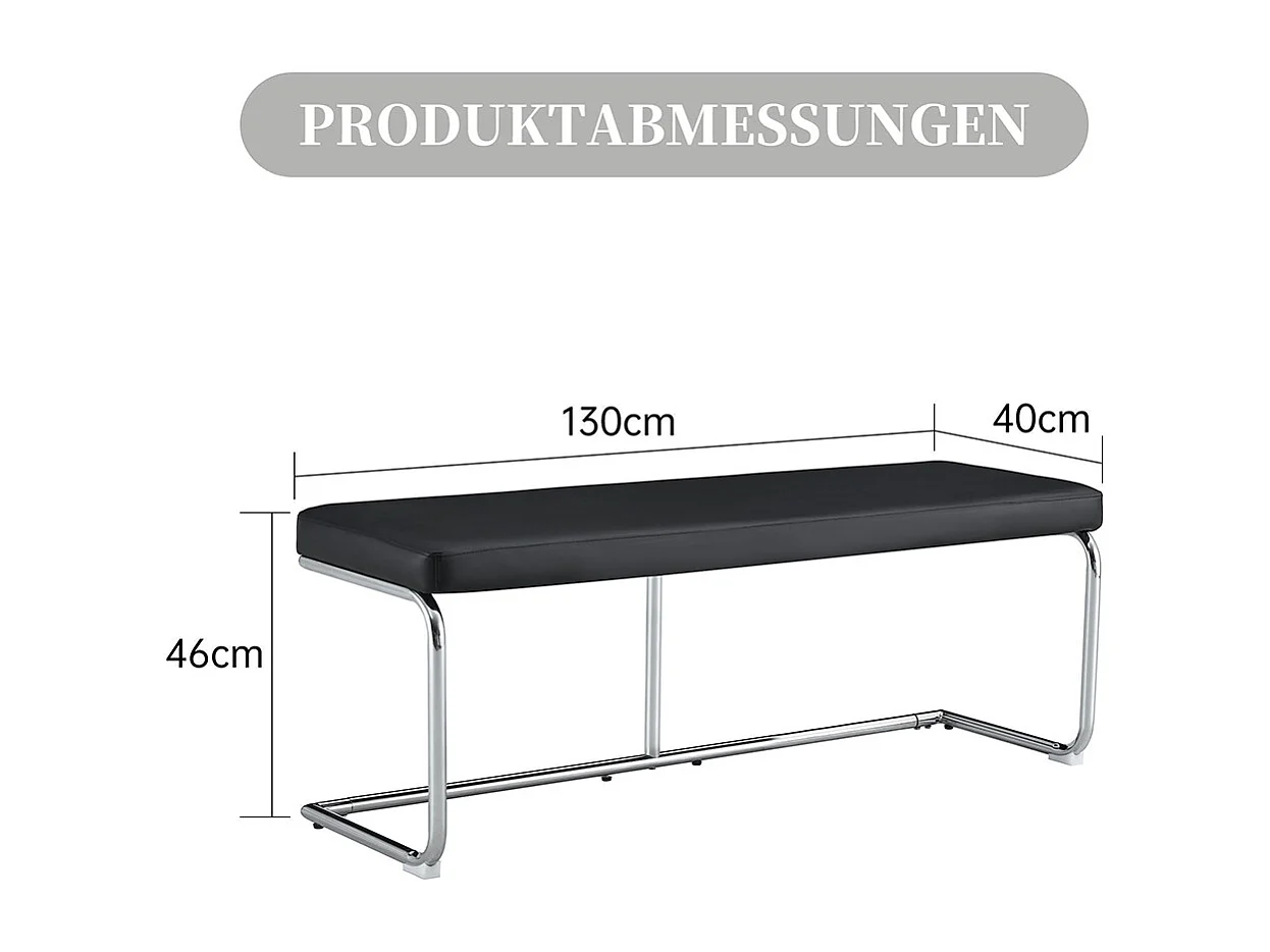 Banc en cuir avec structure chromée - 130 cm, banc moderne, noir