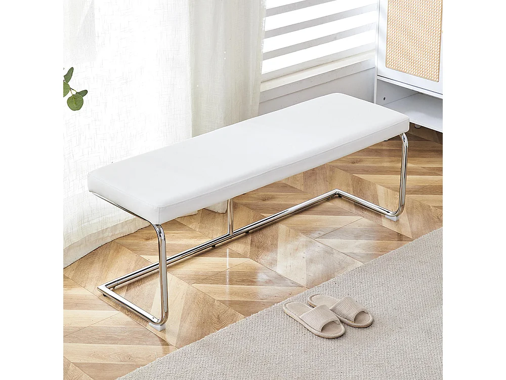 Banc en cuir avec structure chromée - 130 cm, banc moderne, blanc