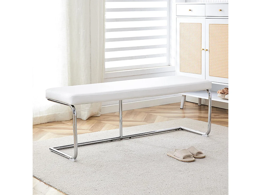 Banc en cuir avec structure chromée - 130 cm, banc moderne, blanc