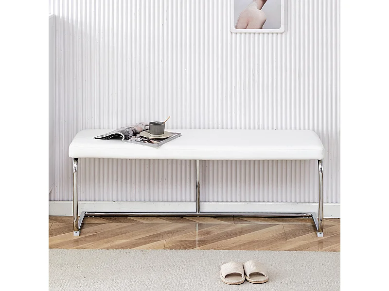 Banc en cuir avec structure chromée - 130 cm, banc moderne, blanc