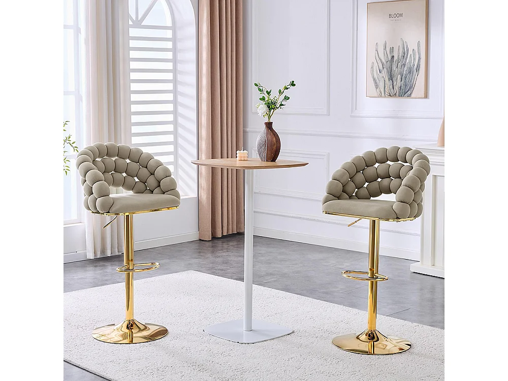 Fluwelen barkrukken Set van 2 - rugleuning met ketting met bolletjes, verstelbare voet in verguld metaal, grijs