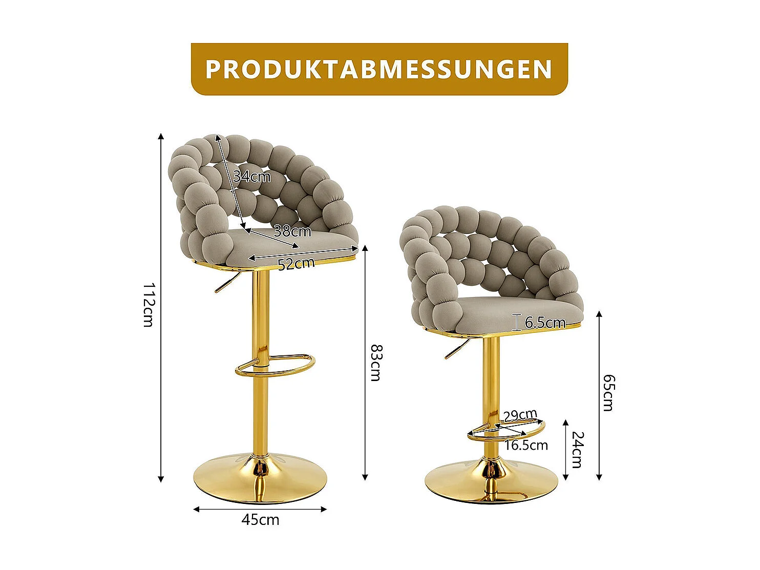 Fluwelen barkrukken Set van 2 - rugleuning met ketting met bolletjes, verstelbare voet in verguld metaal, grijs