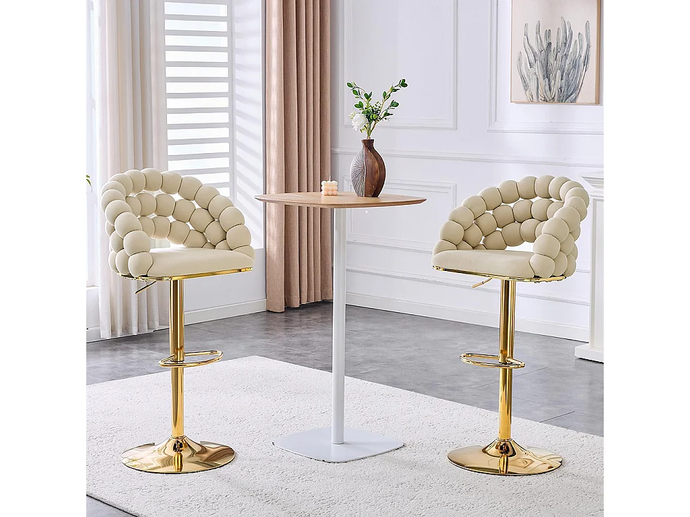 Fluwelen barkrukken Set van 2 - rugleuning met ketting met bolletjes, verstelbare voet in verguld metaal, crèmewit