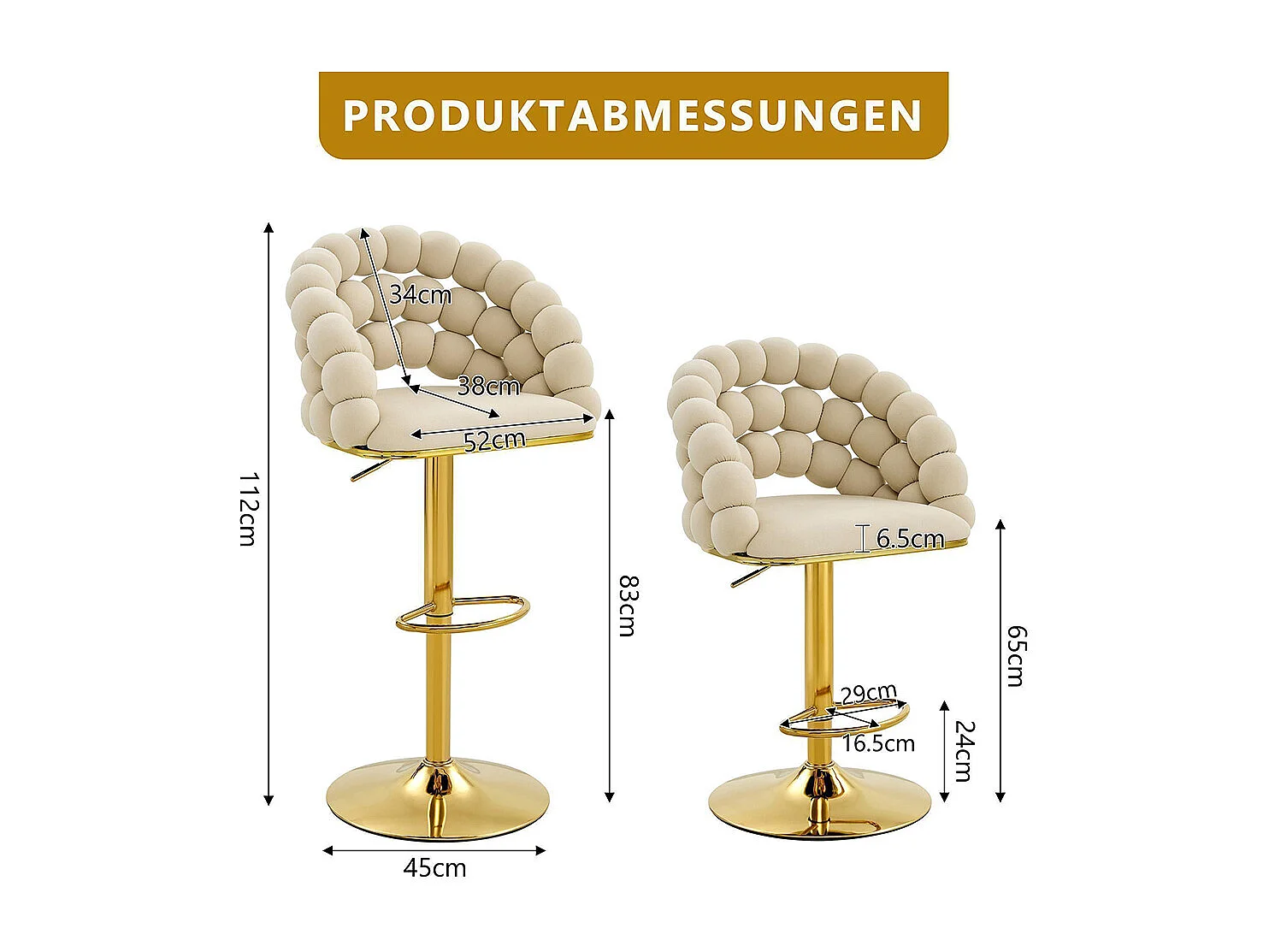 Fluwelen barkrukken Set van 2 - rugleuning met ketting met bolletjes, verstelbare voet in verguld metaal, crèmewit