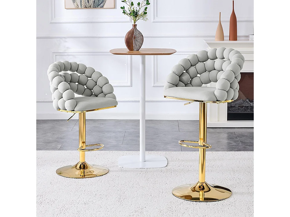 Fluwelen barkrukken Set van 2 - rugleuning met ketting met bolletjes, verstelbare voet in verguld metaal, lichtgrijs