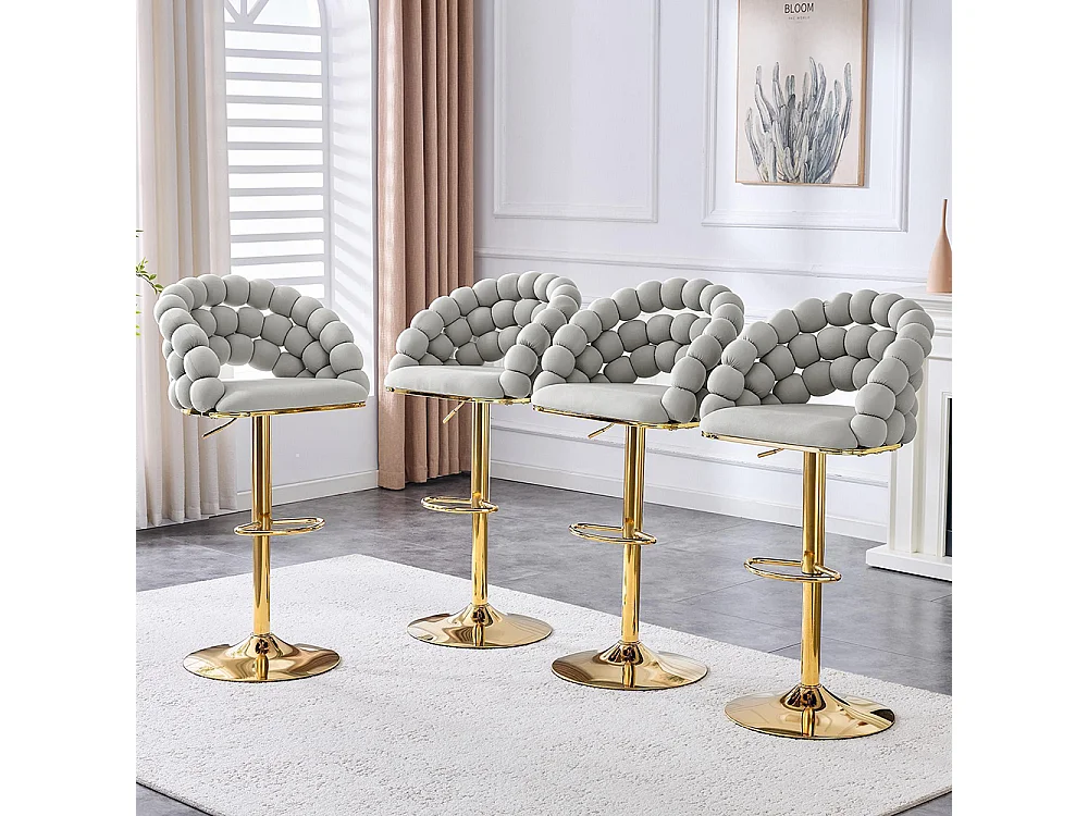 Fluwelen barkrukken Set van 2 - rugleuning met ketting met bolletjes, verstelbare voet in verguld metaal, lichtgrijs