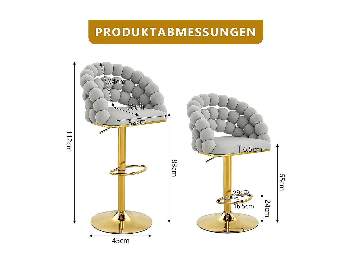 Fluwelen barkrukken Set van 2 - rugleuning met ketting met bolletjes, verstelbare voet in verguld metaal, lichtgrijs