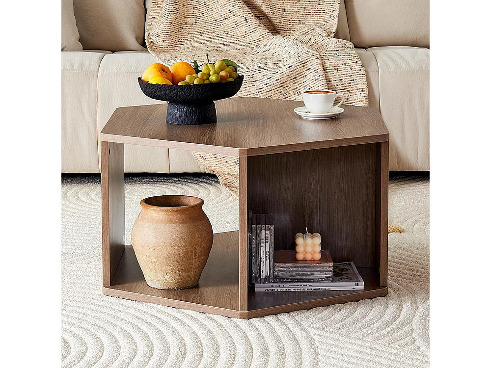 Table basse multifonctionnelle hexagonale (79 x 69,4 x 40 cm) - Design moderne facile à assembler, couleur marron