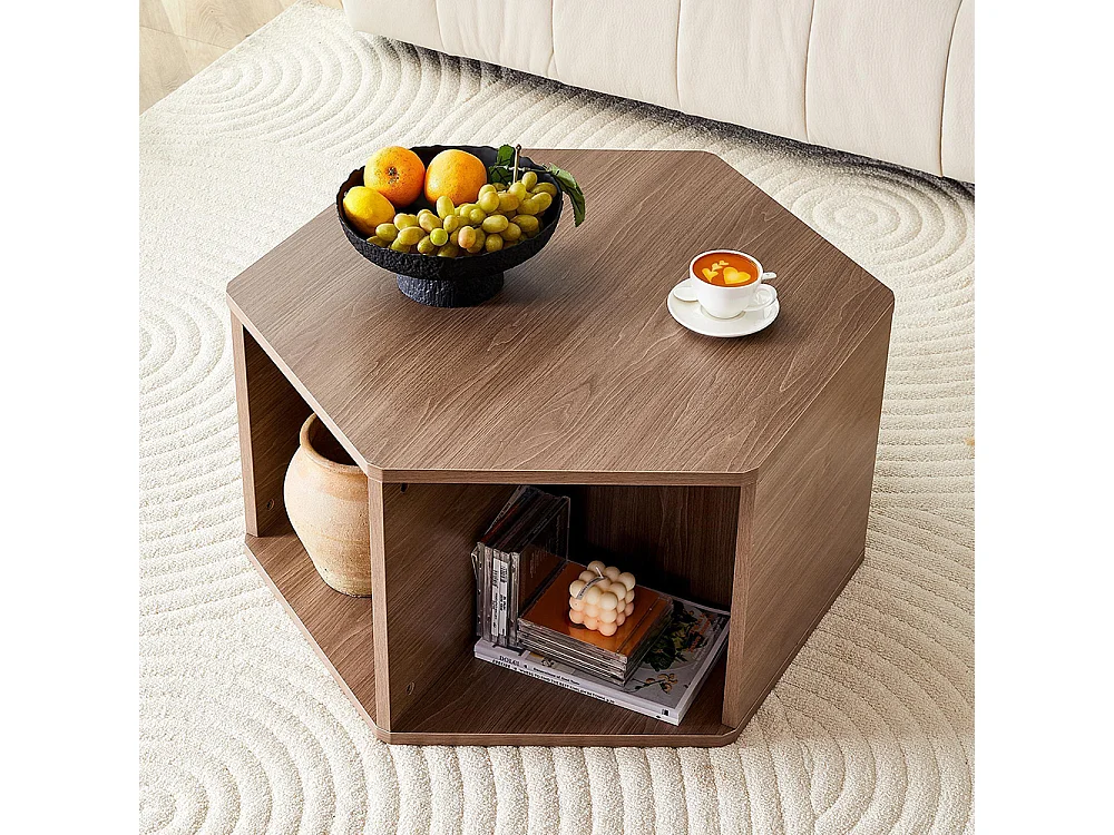 Table basse multifonctionnelle hexagonale (79 x 69,4 x 40 cm) - Design moderne facile à assembler, couleur marron