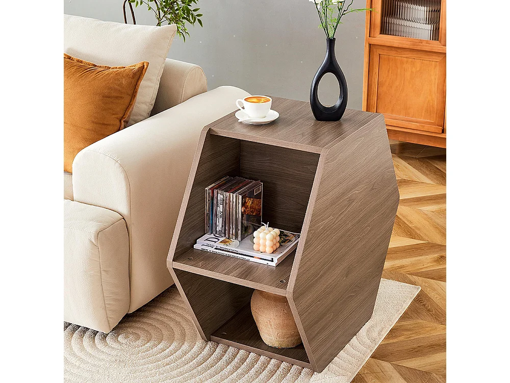 Table basse multifonctionnelle hexagonale (79 x 69,4 x 40 cm) - Design moderne facile à assembler, couleur marron