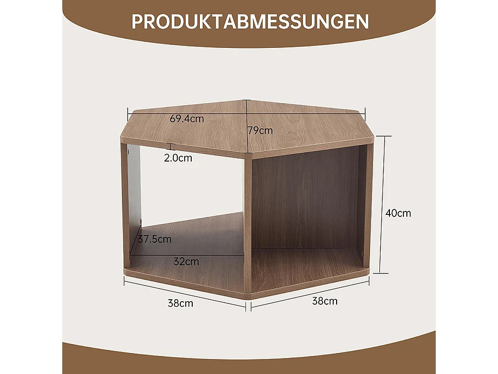 Table basse multifonctionnelle hexagonale (79 x 69,4 x 40 cm) - Design moderne facile à assembler, couleur marron