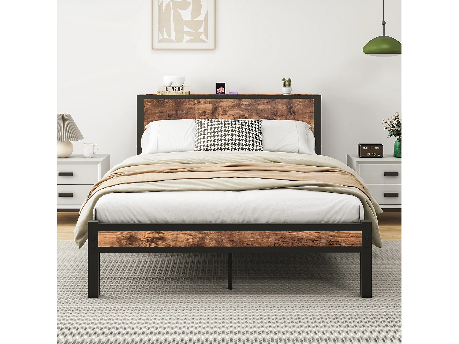 Lit adulte avec tête de lit coffre, fonctionnement silencieux, structure métallique, marron - 140 x 200 cm