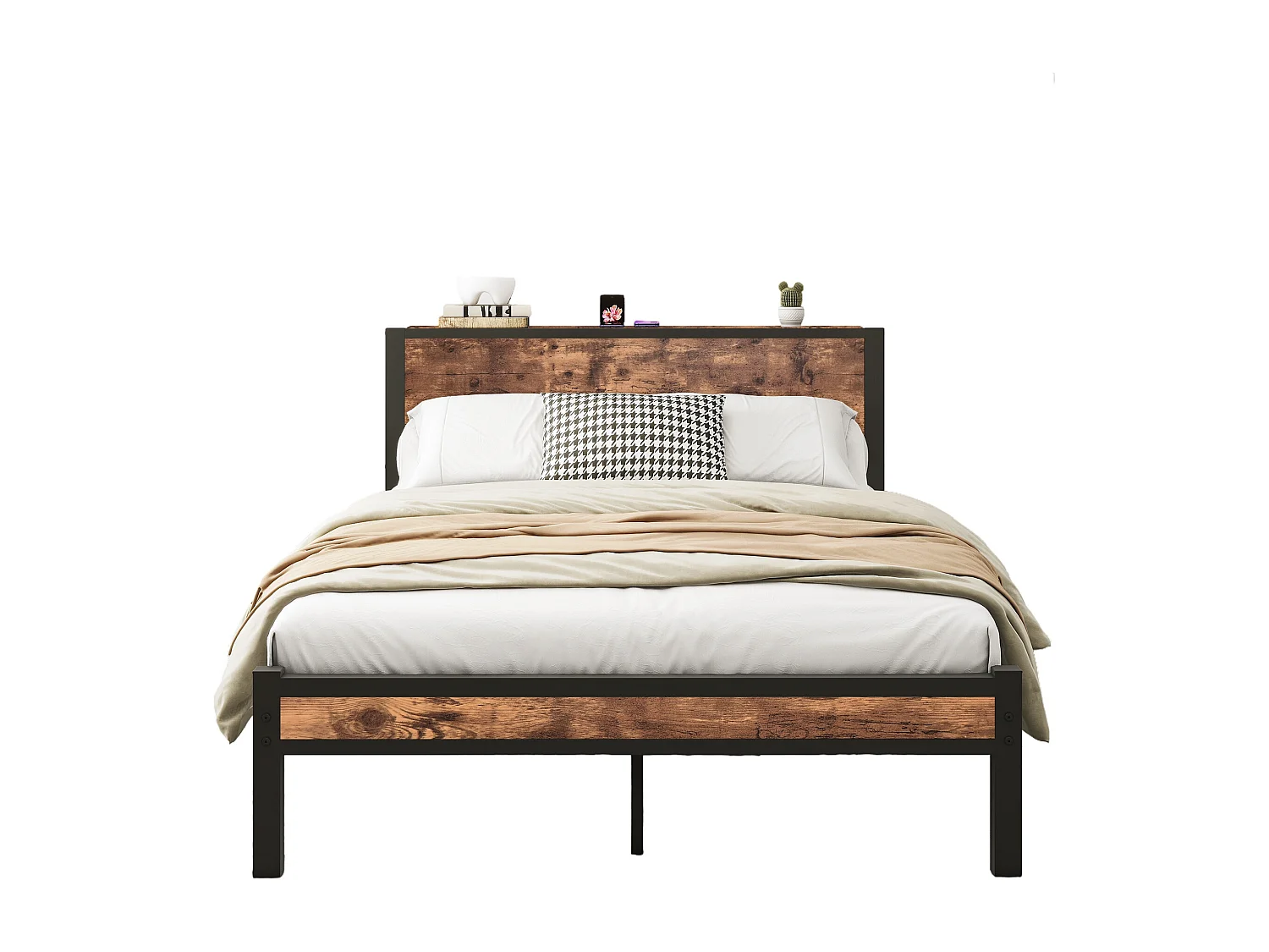 Lit adulte avec tête de lit coffre, fonctionnement silencieux, structure métallique, marron - 140 x 200 cm