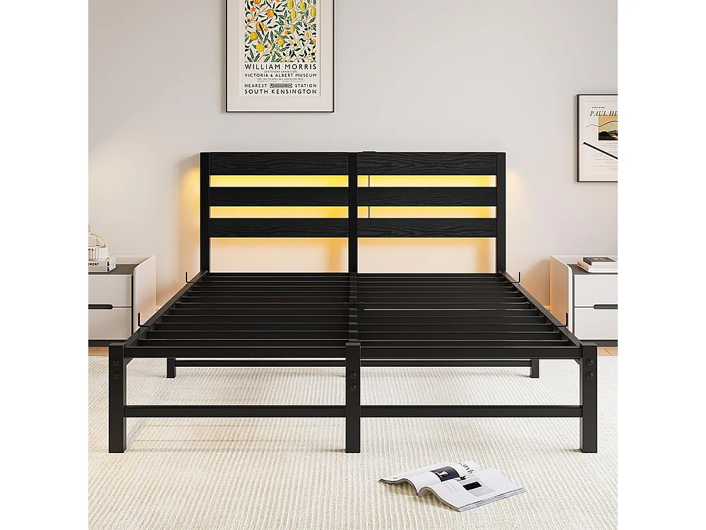 Lit adulte, avec éclairage LED et station de recharge USB, structure métallique, matelas non inclus, noir - 140 x 200 cm