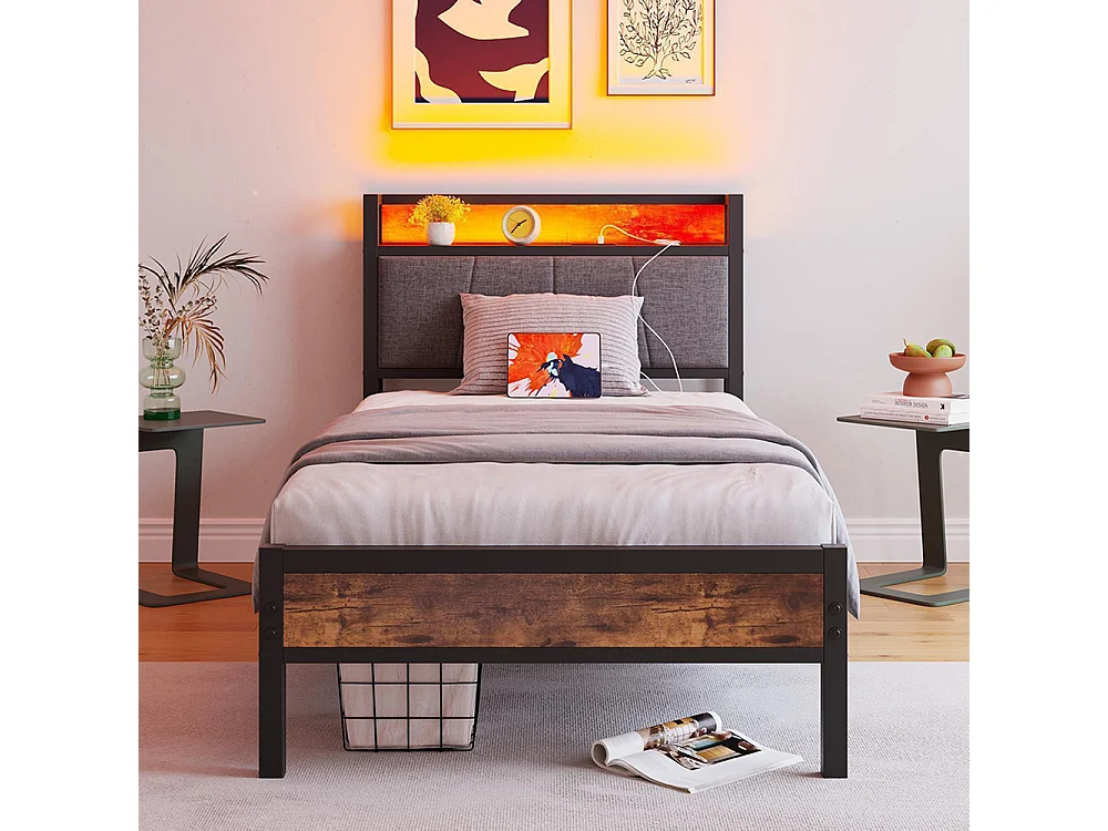 Lit adulte, avec éclairage LED intelligent, ports de recharge USB, structure métallique, marron-90 x 200 cm