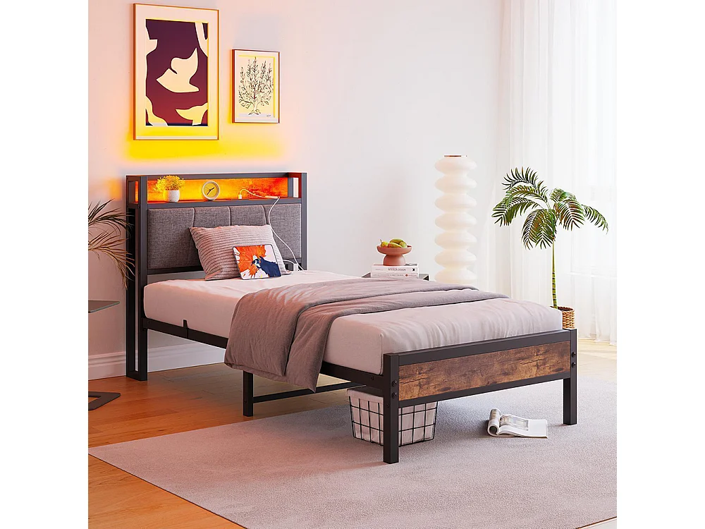 Lit adulte, avec éclairage LED intelligent, ports de recharge USB, structure métallique, marron-90 x 200 cm