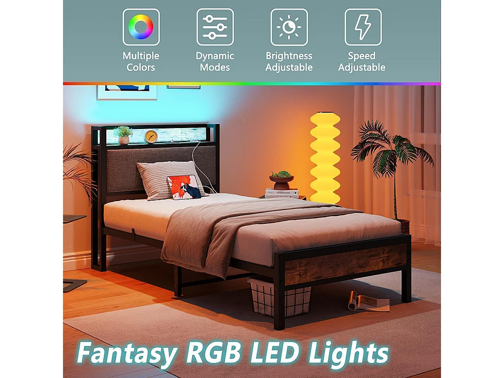 Lit adulte, avec éclairage LED intelligent, ports de recharge USB, structure métallique, marron-90 x 200 cm