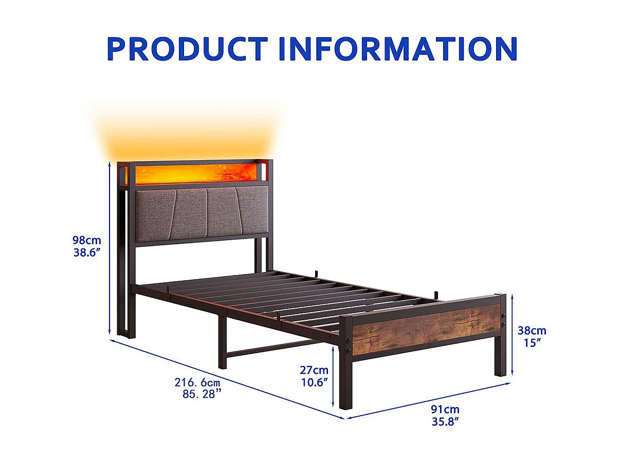Lit adulte, avec éclairage LED intelligent, ports de recharge USB, structure métallique, marron-90 x 200 cm