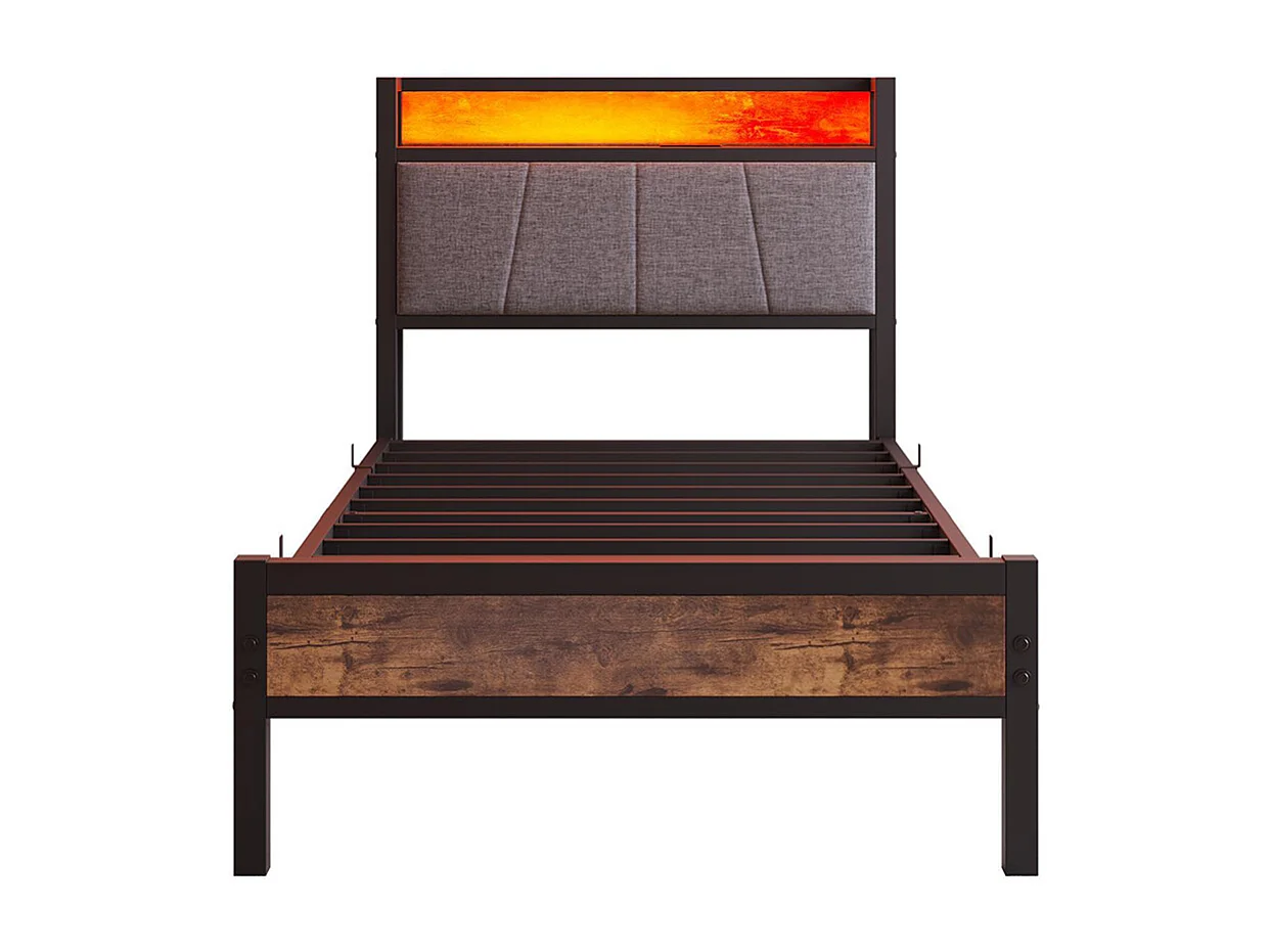 Lit adulte, avec éclairage LED intelligent, ports de recharge USB, structure métallique, marron-90 x 200 cm