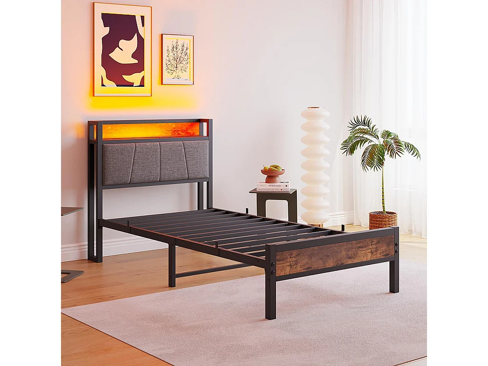 Lit adulte, avec éclairage LED intelligent, ports de recharge USB, structure métallique, marron-90 x 200 cm