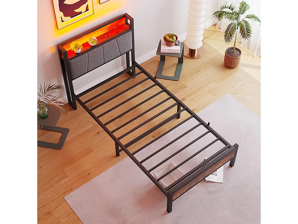 Lit adulte, avec éclairage LED intelligent, ports de recharge USB, structure métallique, marron-90 x 200 cm