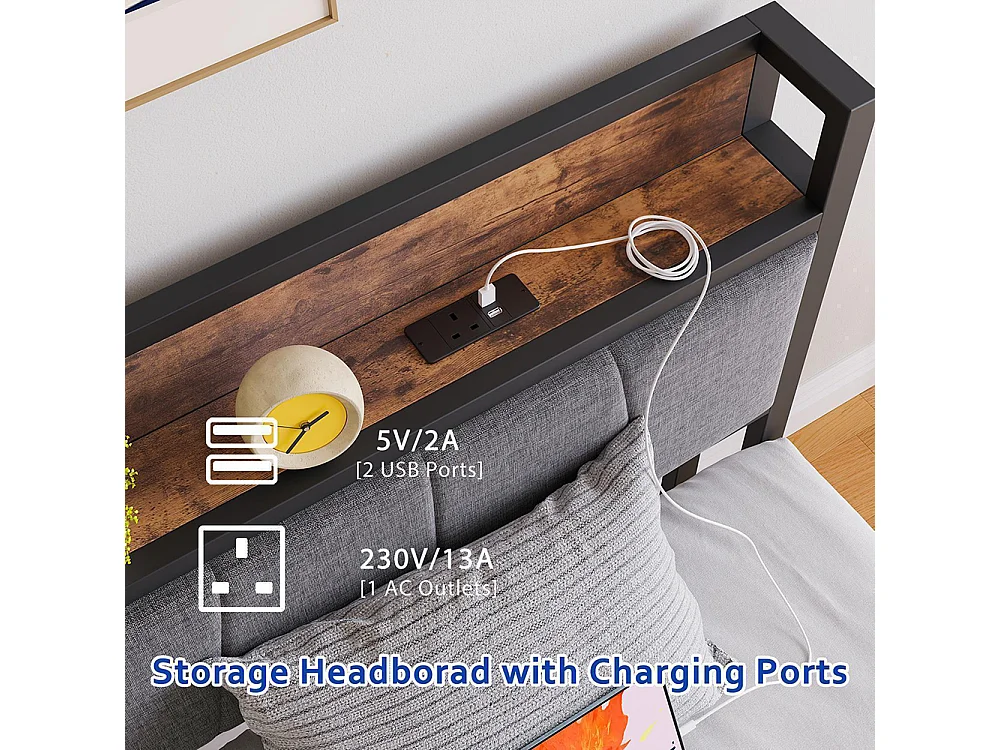 Lit adulte, avec éclairage LED intelligent, ports de recharge USB, structure métallique, marron-90 x 200 cm